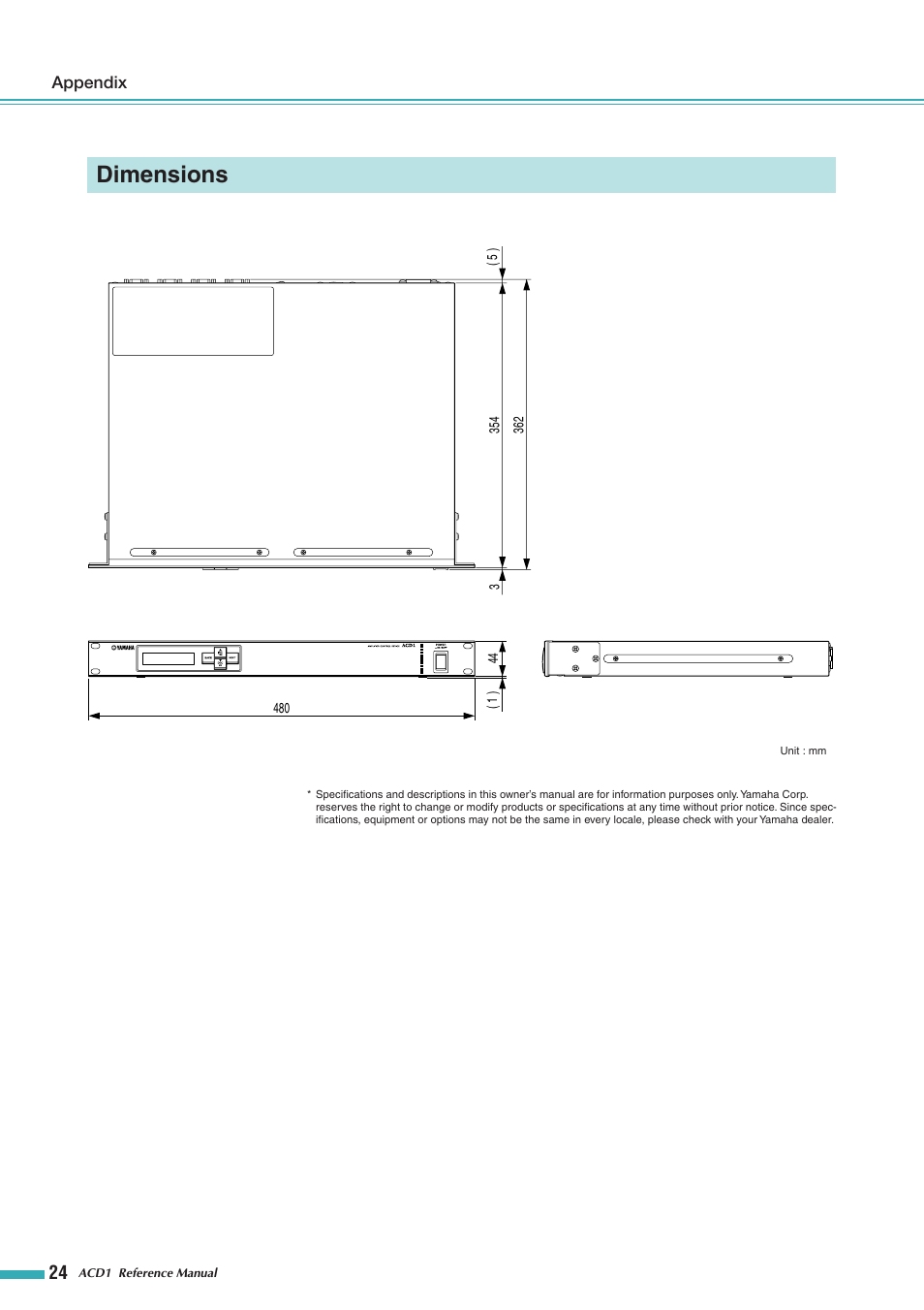 Dimensions | Yamaha ACD1 User Manual | Page 24 / 25