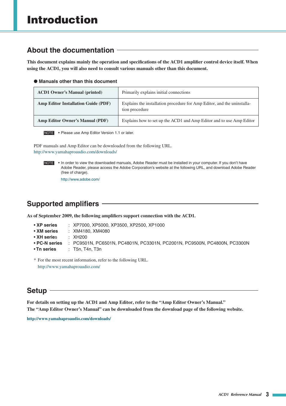 Introduction, About the documentation, Supported amplifiers | Setup | Yamaha ACD1 User Manual | Page 3 / 25