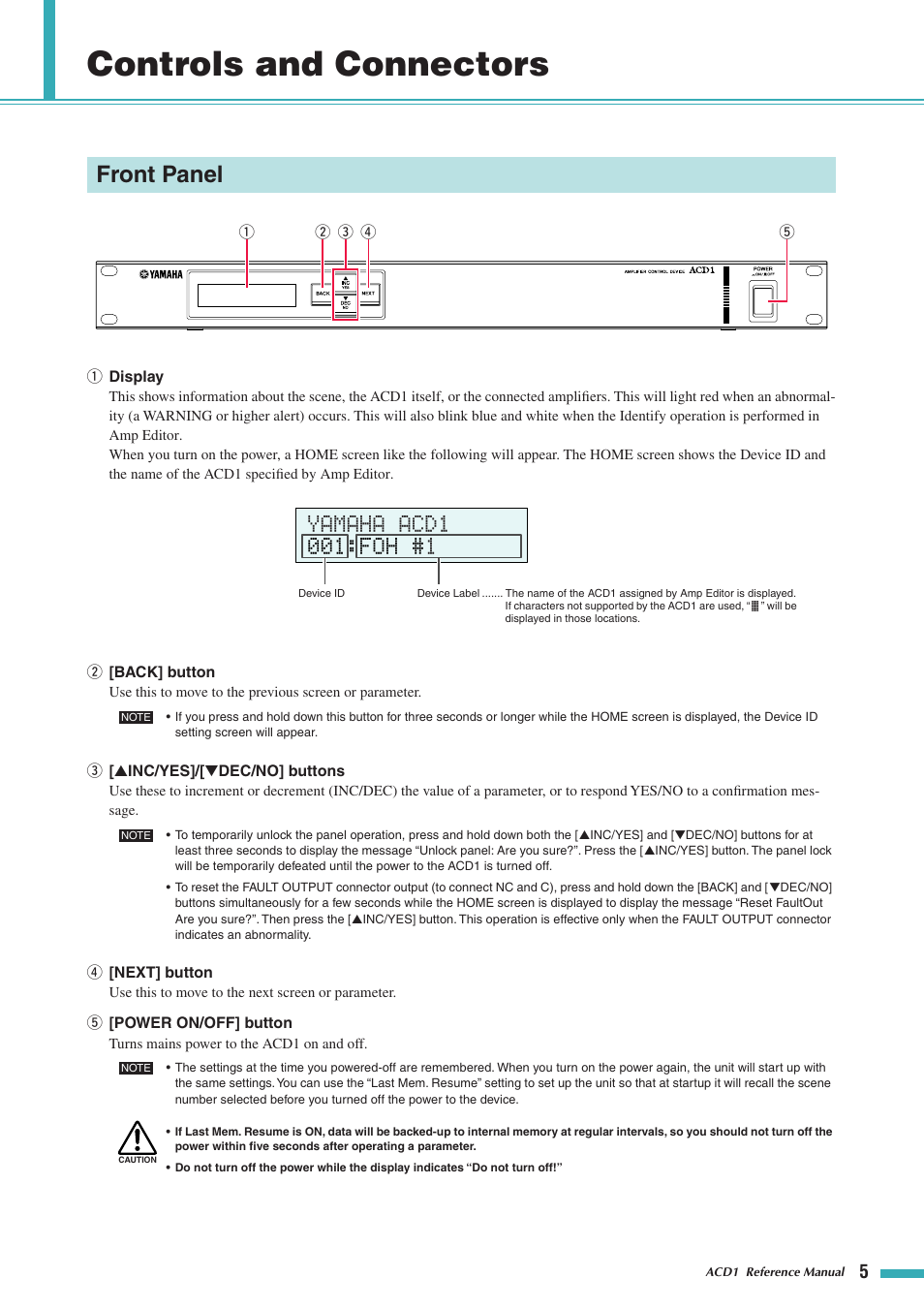 Controls and connectors, Front panel | Yamaha ACD1 User Manual | Page 5 / 25