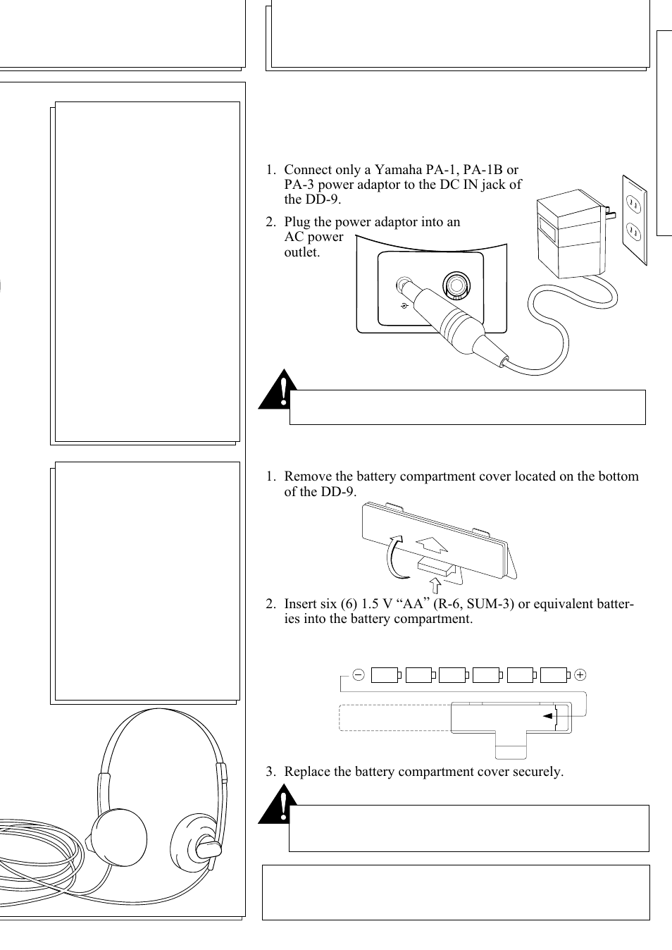 Setting up, Supplying power, Headphones | Percussion pads | Yamaha DD-9 User Manual | Page 5 / 12
