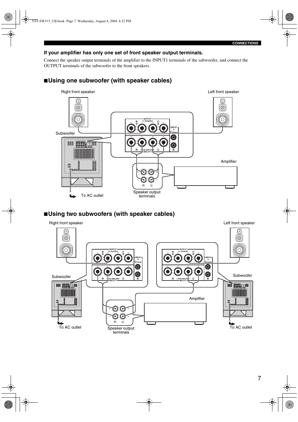 Using one subwoofer (with speaker cables), Using two subwoofers (with speaker cables) | Yamaha YST-SW515 User Manual | Page 11 / 20