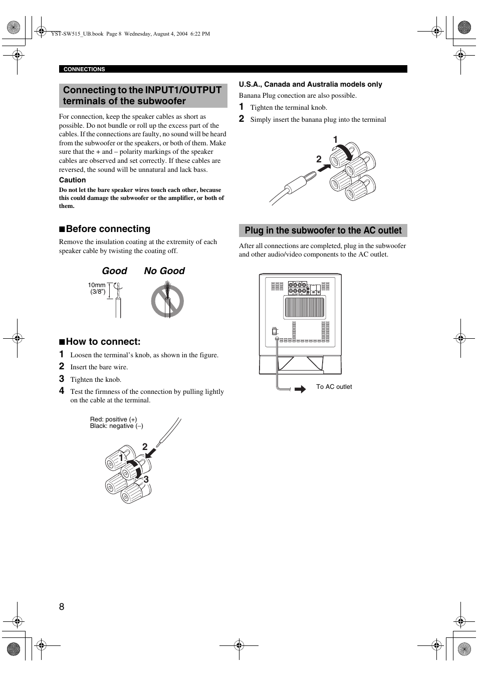 Before connecting, How to connect, Plug in the subwoofer to the ac outlet | Yamaha YST-SW515 User Manual | Page 12 / 20