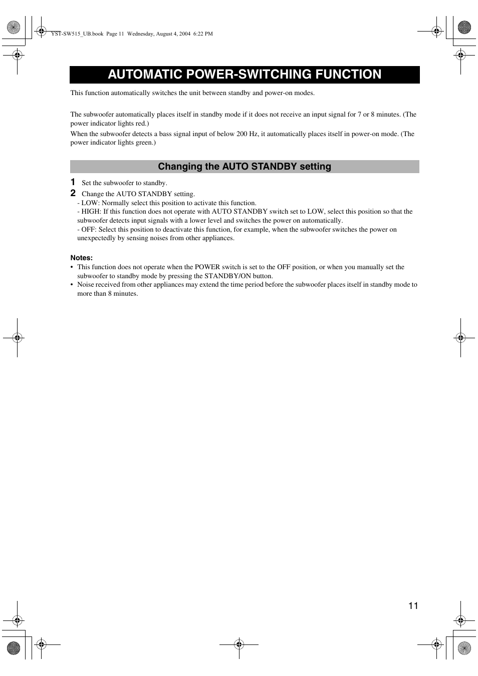 Automatic power-switching function, Changing the auto standby setting | Yamaha YST-SW515 User Manual | Page 15 / 20