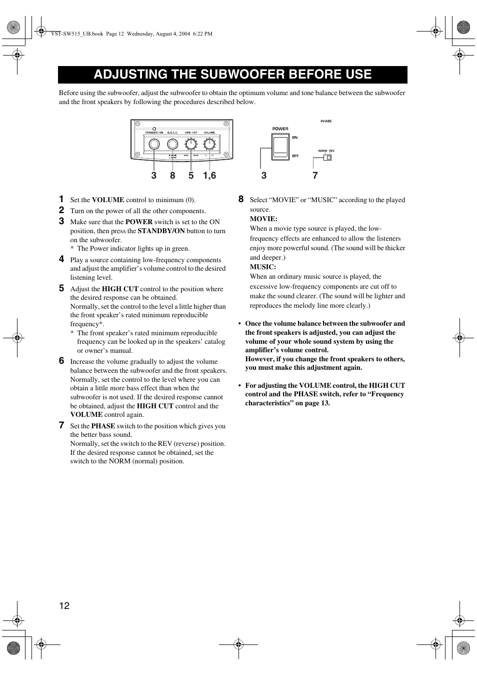 Adjusting the subwoofer before use | Yamaha YST-SW515 User Manual | Page 16 / 20