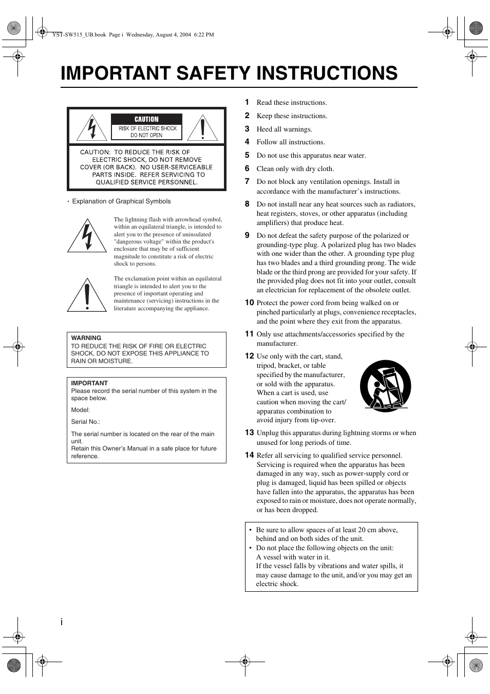 Important safety instructions | Yamaha YST-SW515 User Manual | Page 2 / 20