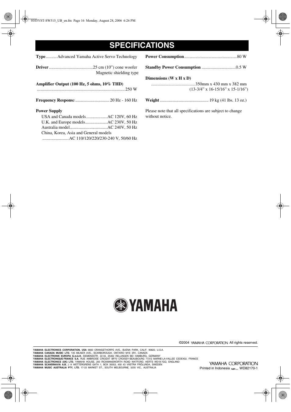 Specifications | Yamaha YST-SW515 User Manual | Page 20 / 20