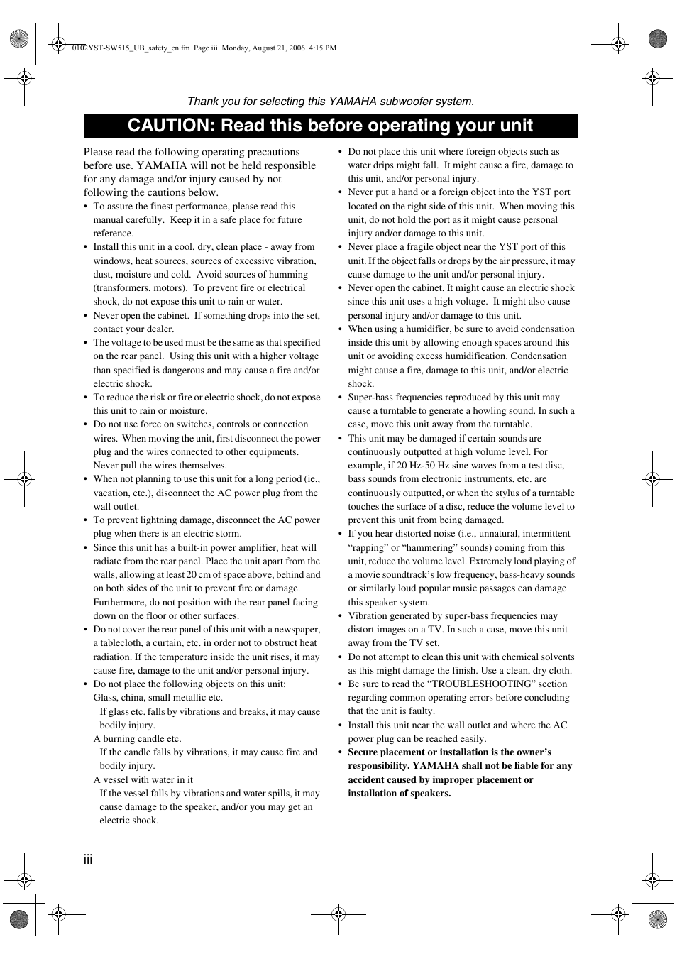 Caution: read this before operating your unit | Yamaha YST-SW515 User Manual | Page 4 / 20