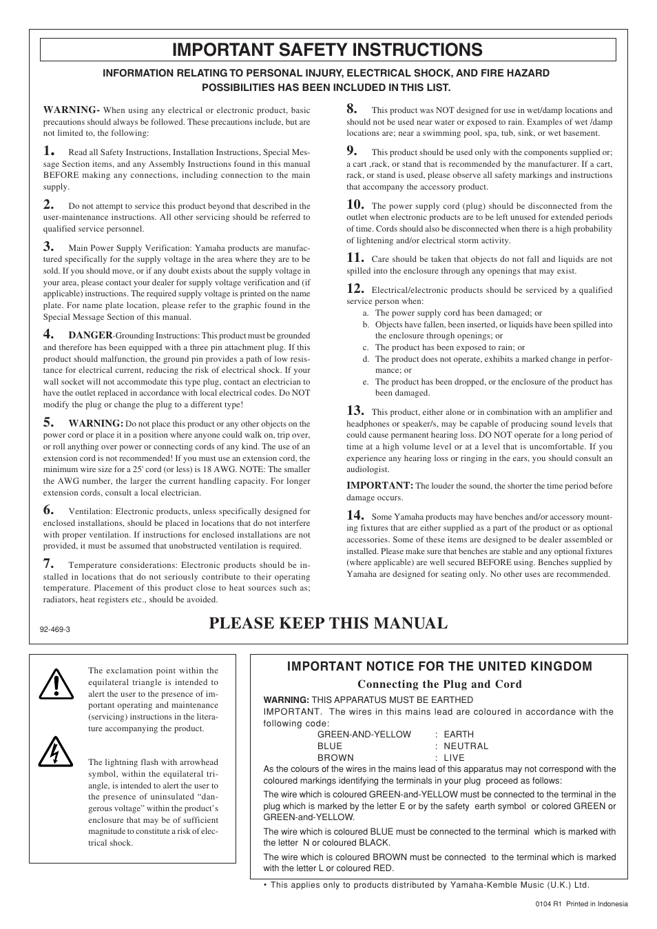 Important safety instructions, Please keep this manual, Important notice for the united kingdom | Yamaha F-20 User Manual | Page 2 / 7