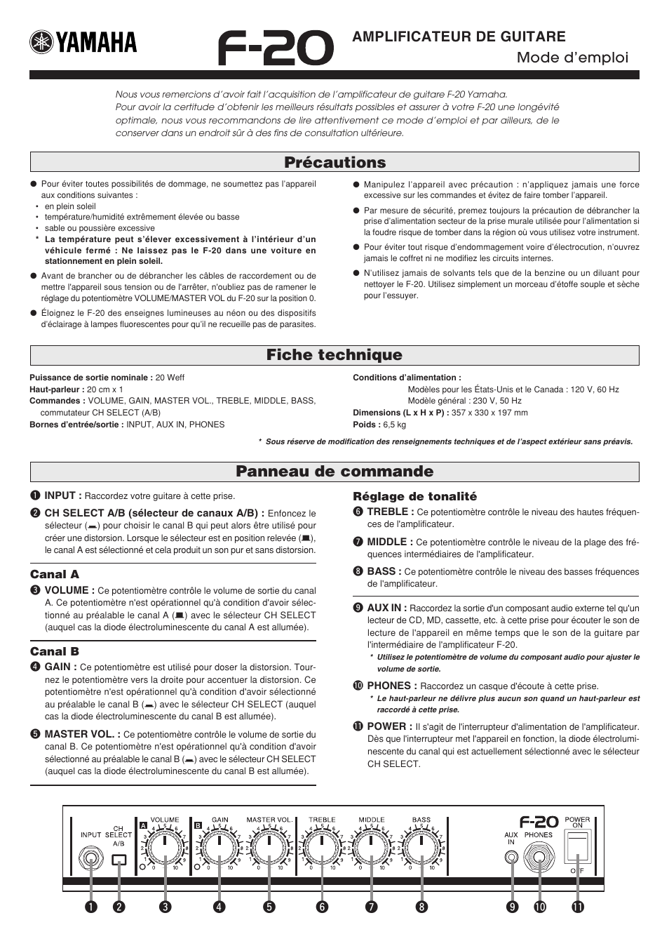 Mode d'emploi, Précautions, Panneau de commande fiche technique | Amplificateur de guitare mode d’emploi | Yamaha F-20 User Manual | Page 3 / 7