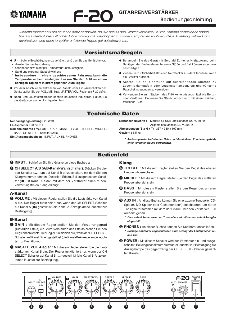 Bedienungsanleitung, Vorsichtsmaßregeln, Bedienfeld technische daten | Gitarrenverstärker bedienungsanleitung | Yamaha F-20 User Manual | Page 4 / 7