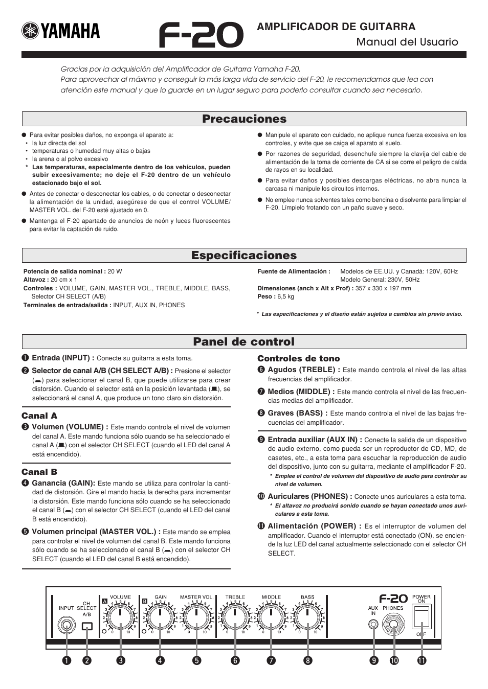 Manual del usuario, Panel de control especificaciones, Precauciones | Amplificador de guitarra manual del usuario | Yamaha F-20 User Manual | Page 5 / 7