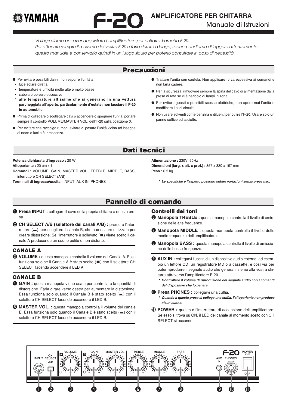 Manuale di istruzioni, Pannello di comando, Precauzioni dati tecnici | Amplificatore per chitarra manuale di istruzioni | Yamaha F-20 User Manual | Page 6 / 7