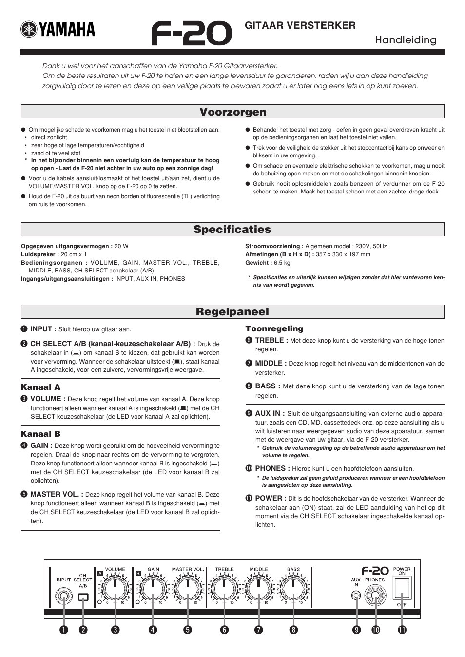 Handleiding, Regelpaneel, Voorzorgen specificaties | Gitaar versterker handleiding | Yamaha F-20 User Manual | Page 7 / 7