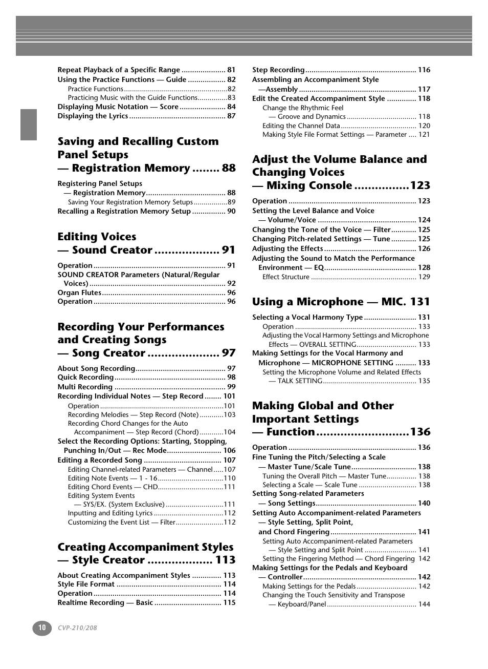 Editing voices — sound creator, Creating accompaniment styles — style creator, Using a microphone — mic. 131 | Yamaha CVP-208  EN User Manual | Page 10 / 180