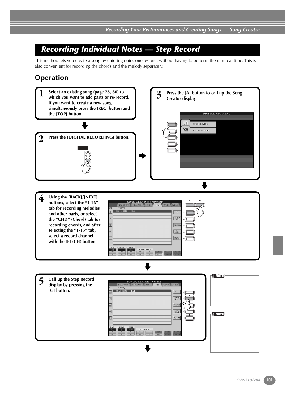 Recording individual notes — step record, Operation | Yamaha CVP-208  EN User Manual | Page 101 / 180