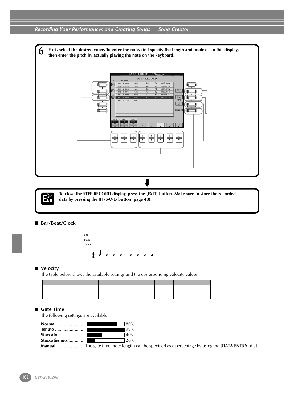 Bar/beat/clock ■ velocity, Gate time | Yamaha CVP-208  EN User Manual | Page 102 / 180