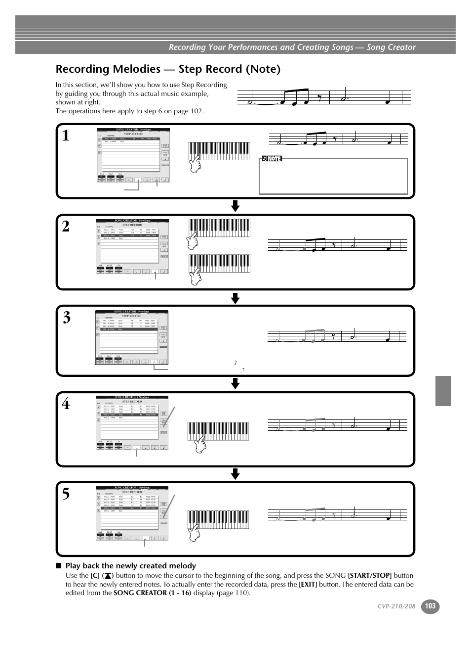 Recording melodies — step record (note) | Yamaha CVP-208  EN User Manual | Page 103 / 180
