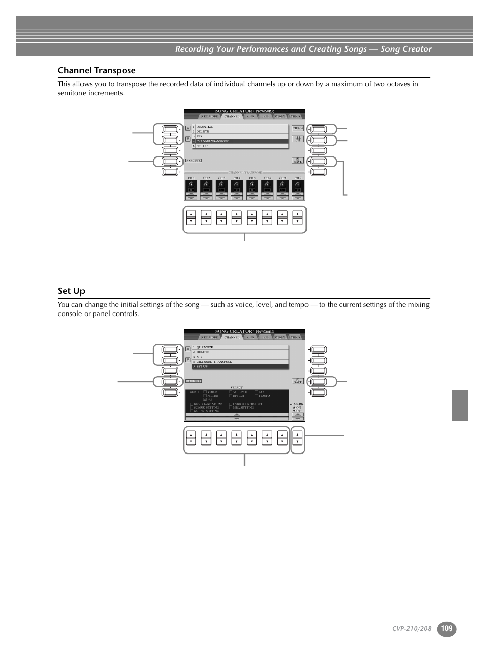Channel transpose, Set up | Yamaha CVP-208  EN User Manual | Page 109 / 180