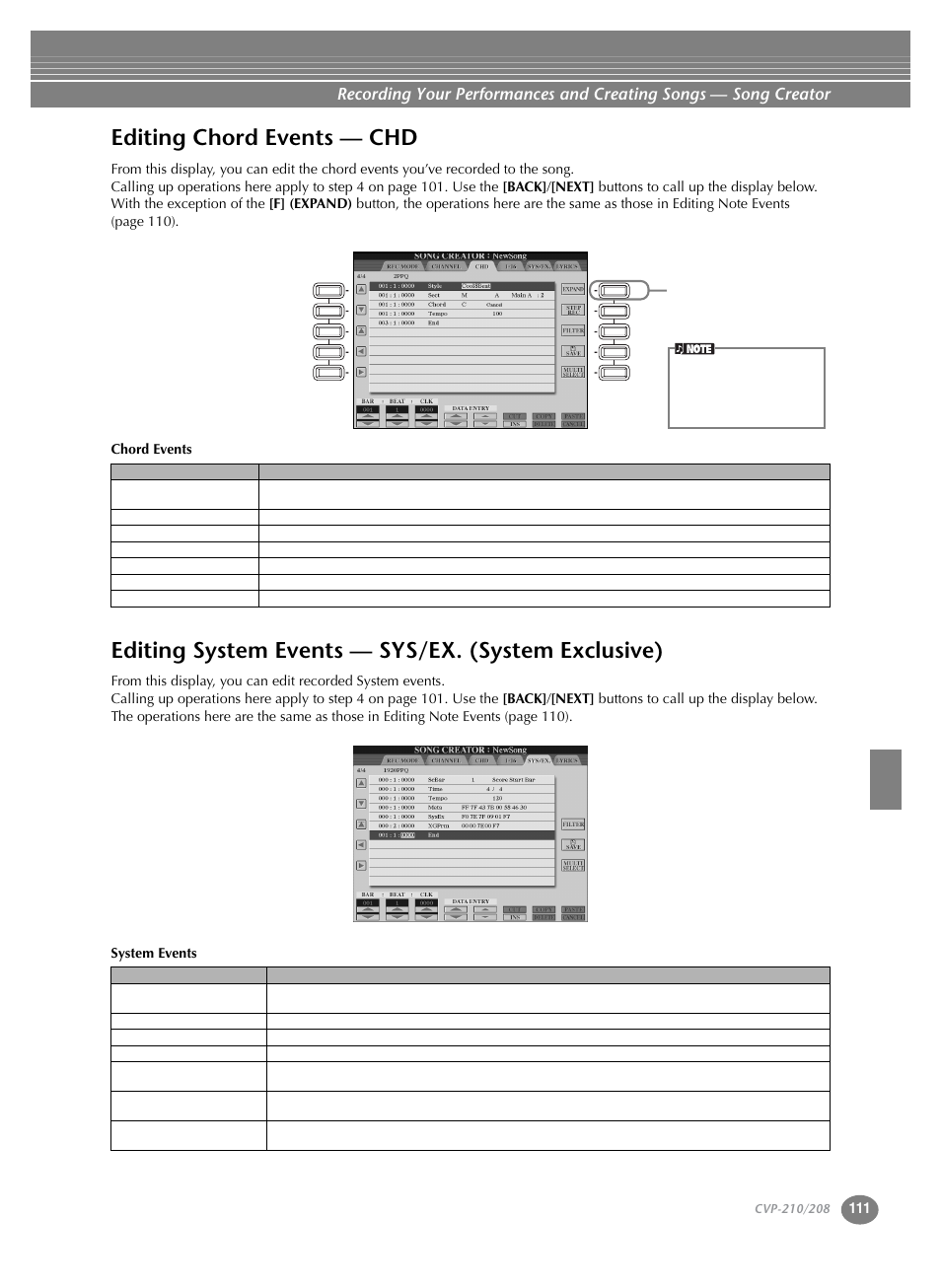 Editing chord events — chd, Editing system events — sys/ex. (system exclusive), Editing chord events — chd editing system events | Sys/ex. (system exclusive) | Yamaha CVP-208  EN User Manual | Page 111 / 180