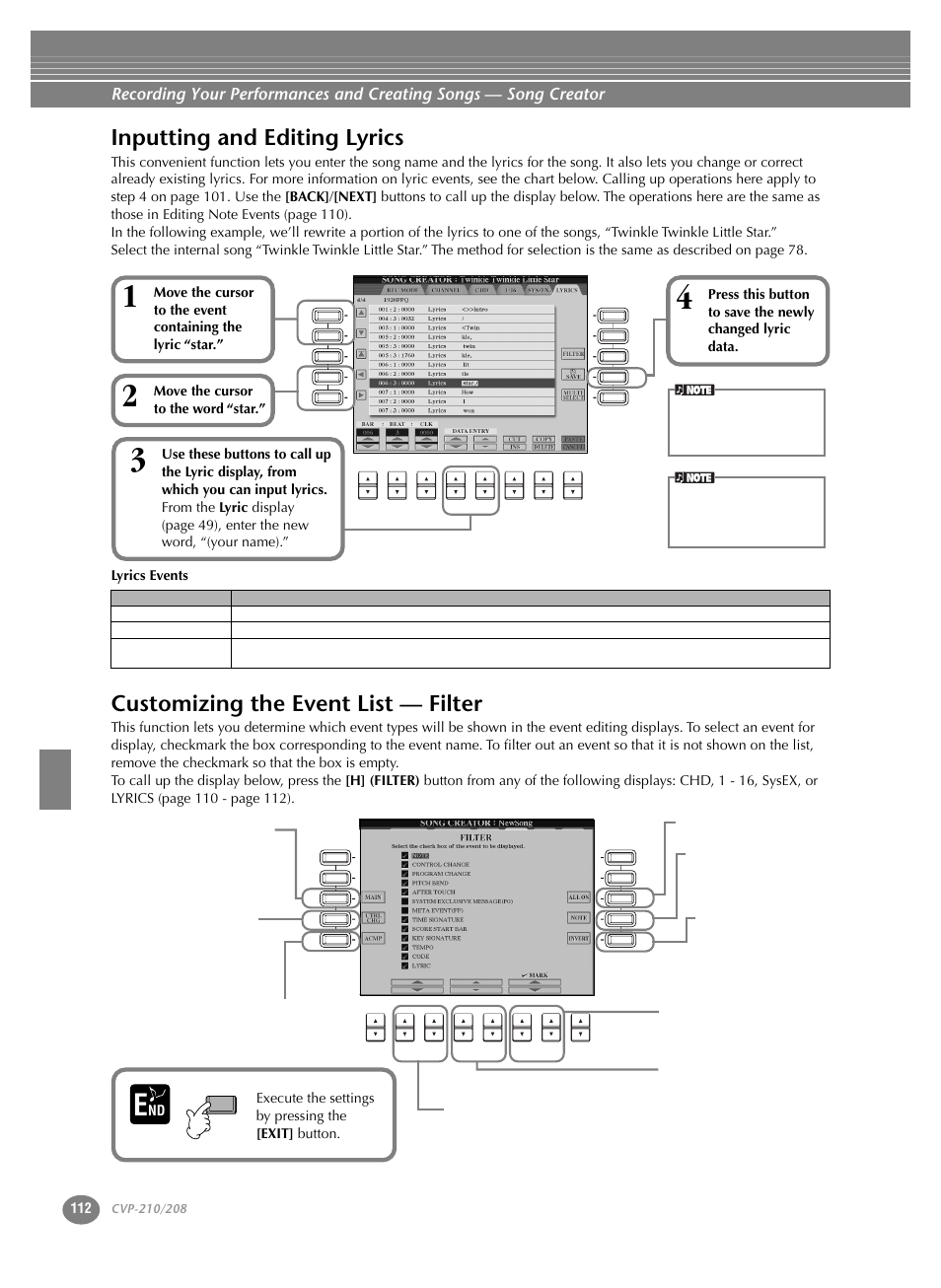Inputting and editing lyrics, Customizing the event list — filter, Move the cursor to the word “star | Execute the settings by pressing the [exit] button | Yamaha CVP-208  EN User Manual | Page 112 / 180