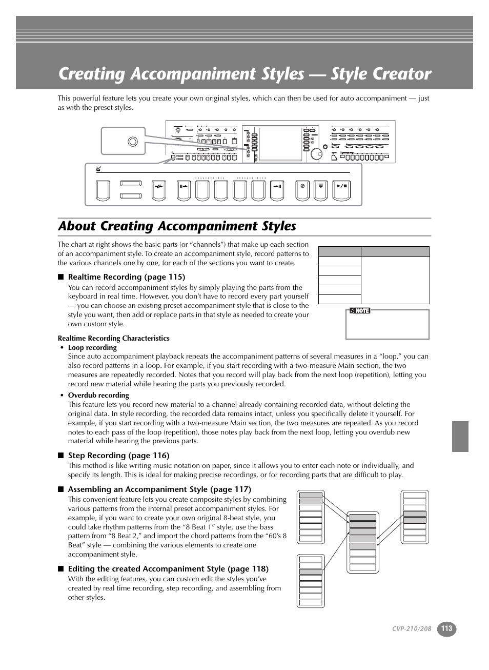 Creating accompaniment styles — style creator, About creating accompaniment styles | Yamaha CVP-208  EN User Manual | Page 113 / 180