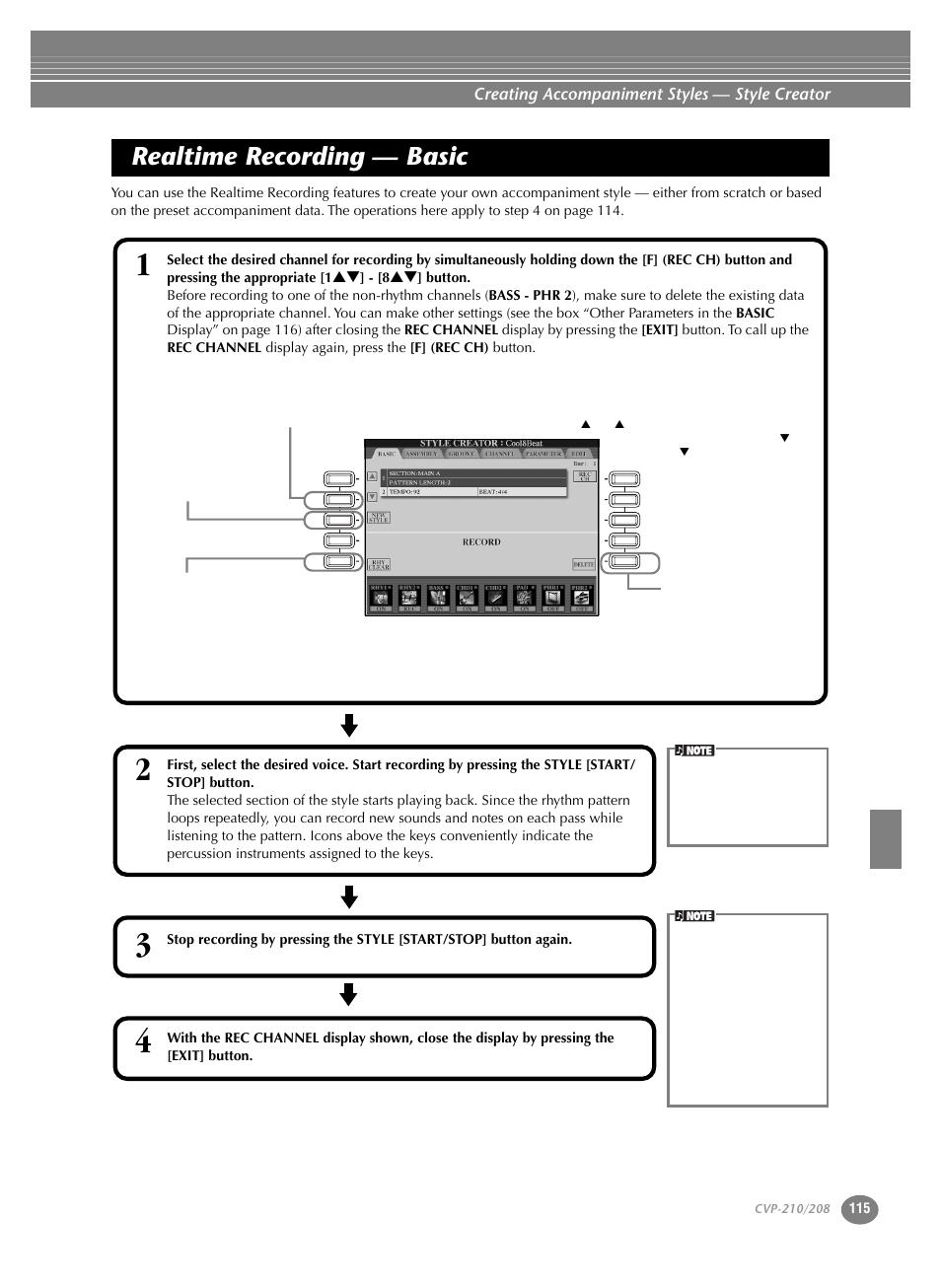 Realtime recording — basic, Creating accompaniment styles — style creator | Yamaha CVP-208  EN User Manual | Page 115 / 180