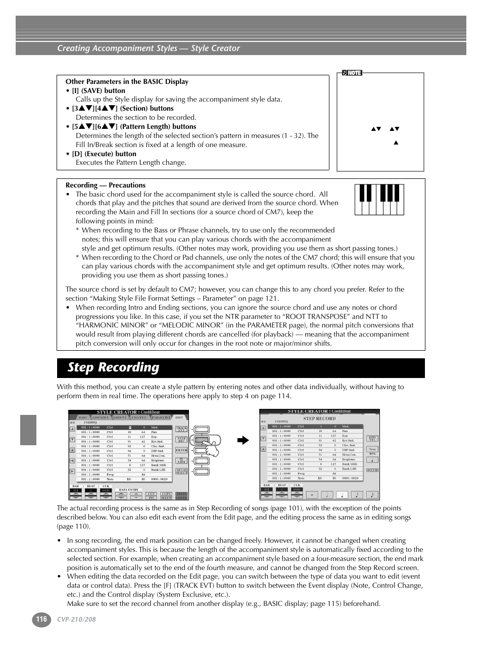 Step recording, Creating accompaniment styles — style creator | Yamaha CVP-208  EN User Manual | Page 116 / 180