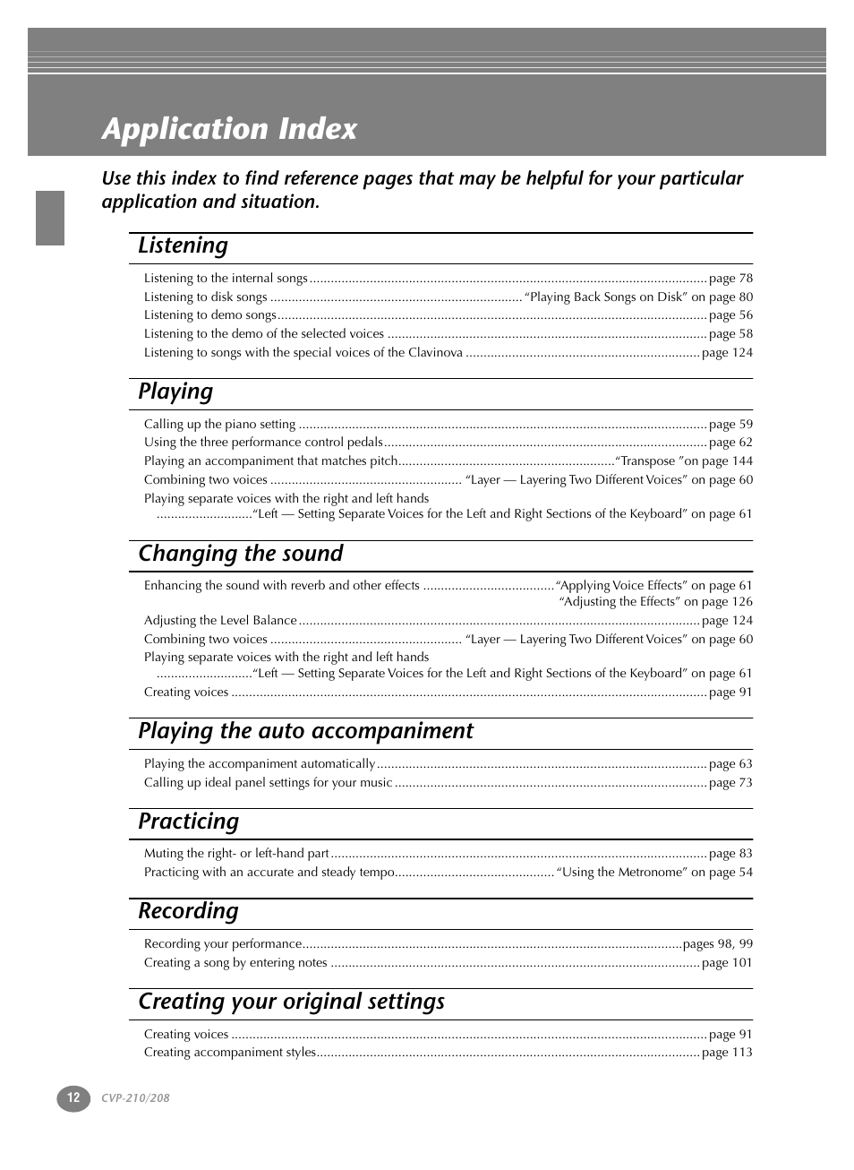 Application index, Listening, Playing | Changing the sound, Playing the auto accompaniment, Practicing, Recording, Creating your original settings | Yamaha CVP-208  EN User Manual | Page 12 / 180