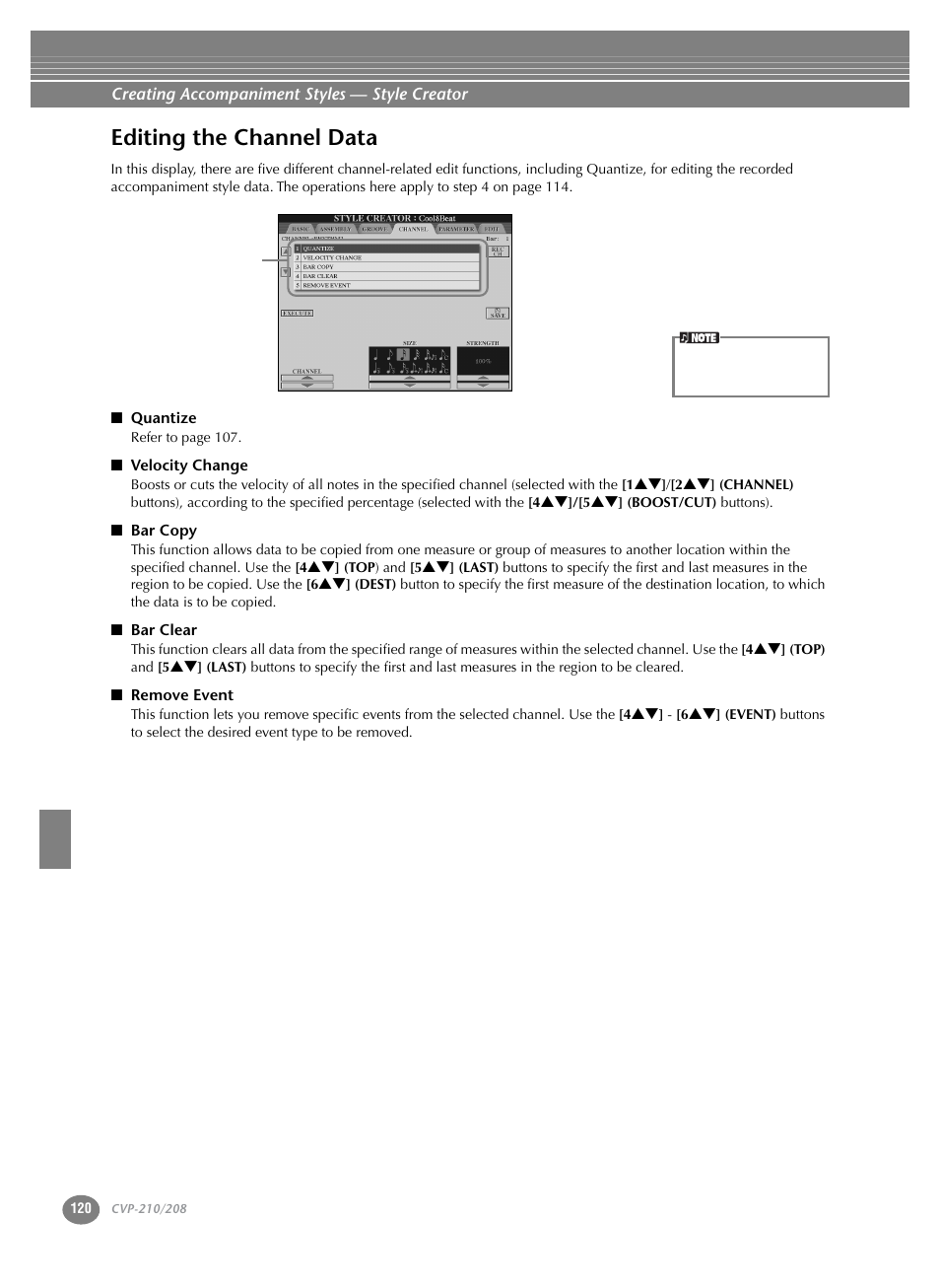 Editing the channel data | Yamaha CVP-208  EN User Manual | Page 120 / 180