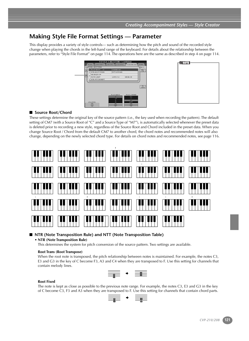 Making style file format settings — parameter, Creating accompaniment styles — style creator, Source root/chord | Yamaha CVP-208  EN User Manual | Page 121 / 180