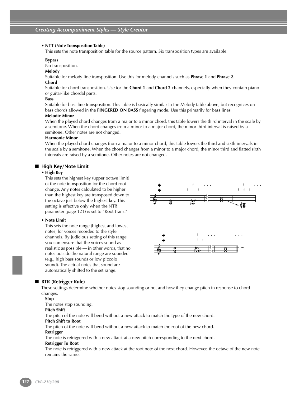 Creating accompaniment styles — style creator, Rtr (retrigger rule) | Yamaha CVP-208  EN User Manual | Page 122 / 180