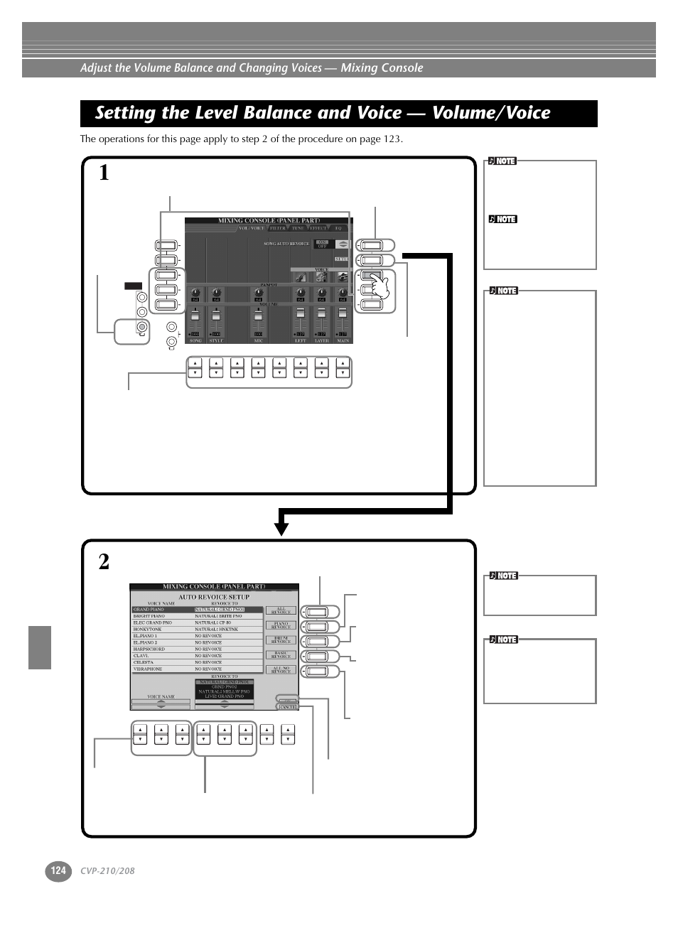 Setting the level balance and voice — volume/voice, Setting the level balance and voice, Volume/voice | Yamaha CVP-208  EN User Manual | Page 124 / 180
