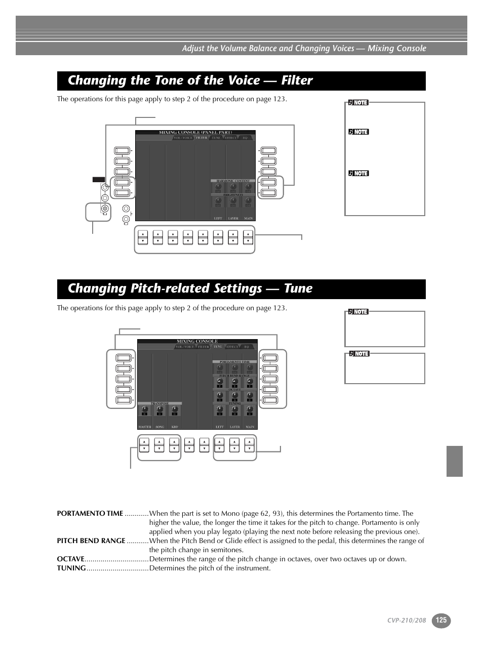 Changing the tone of the voice — filter, Changing pitch-related settings — tune | Yamaha CVP-208  EN User Manual | Page 125 / 180