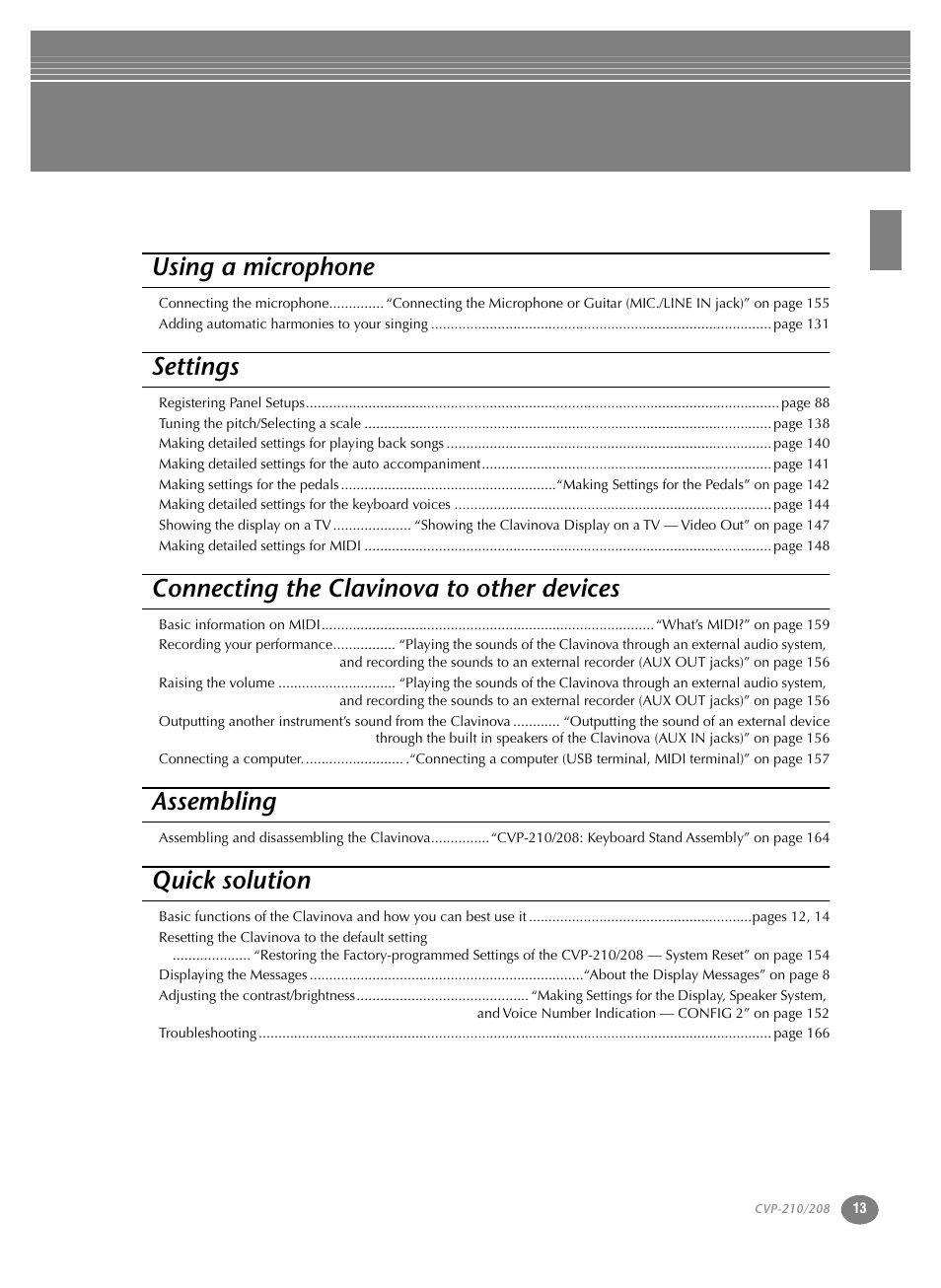 Using a microphone, Settings, Connecting the clavinova to other devices | Assembling, Quick solution | Yamaha CVP-208  EN User Manual | Page 13 / 180