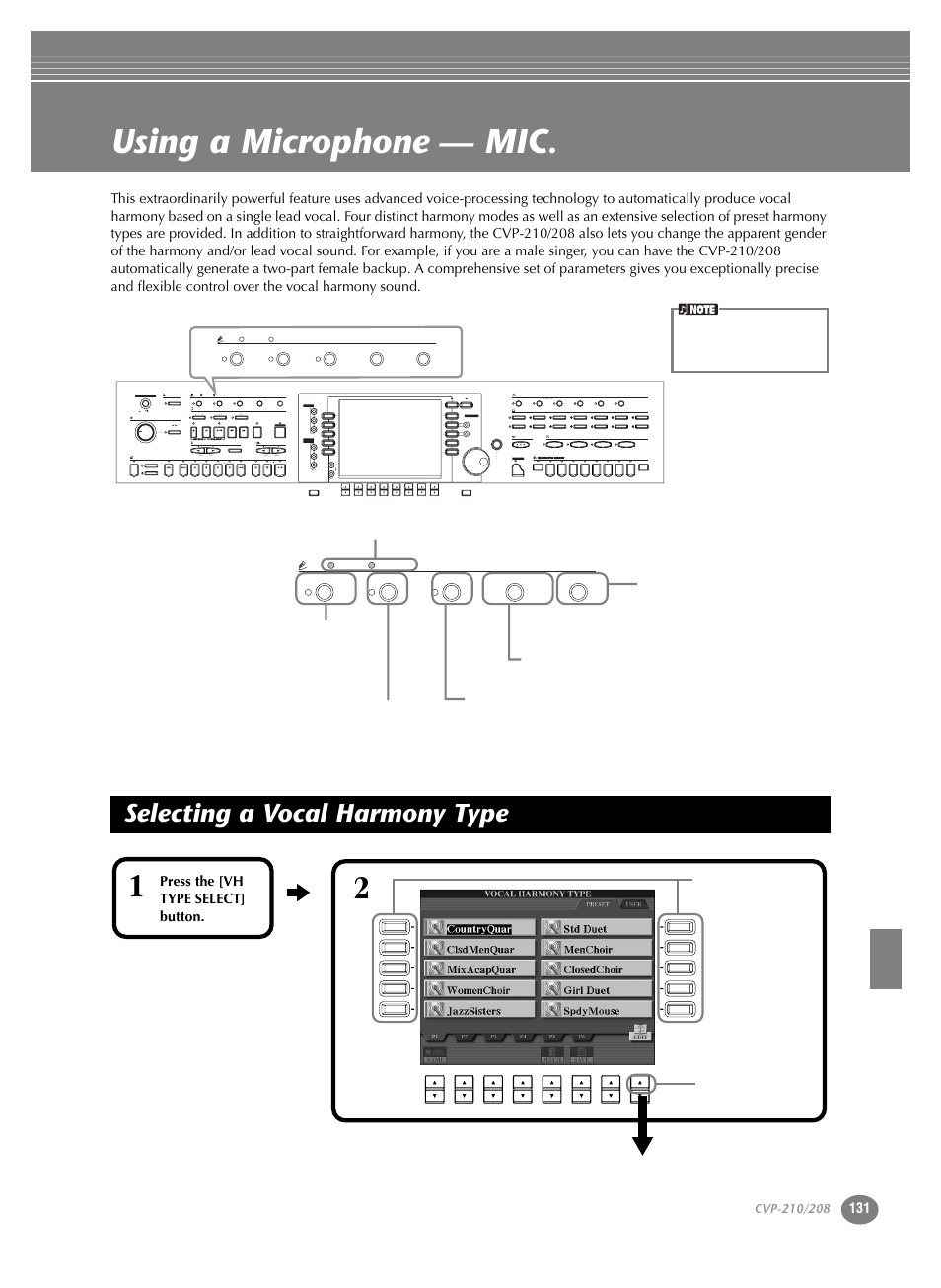 Using a microphone — mic, Selecting a vocal harmony type, Using a microphone — mic. 131 | P. 131, Min max, Part, Style l r, Reset, Press the [vh type select] button, Select a vocal harmony type | Yamaha CVP-208  EN User Manual | Page 131 / 180