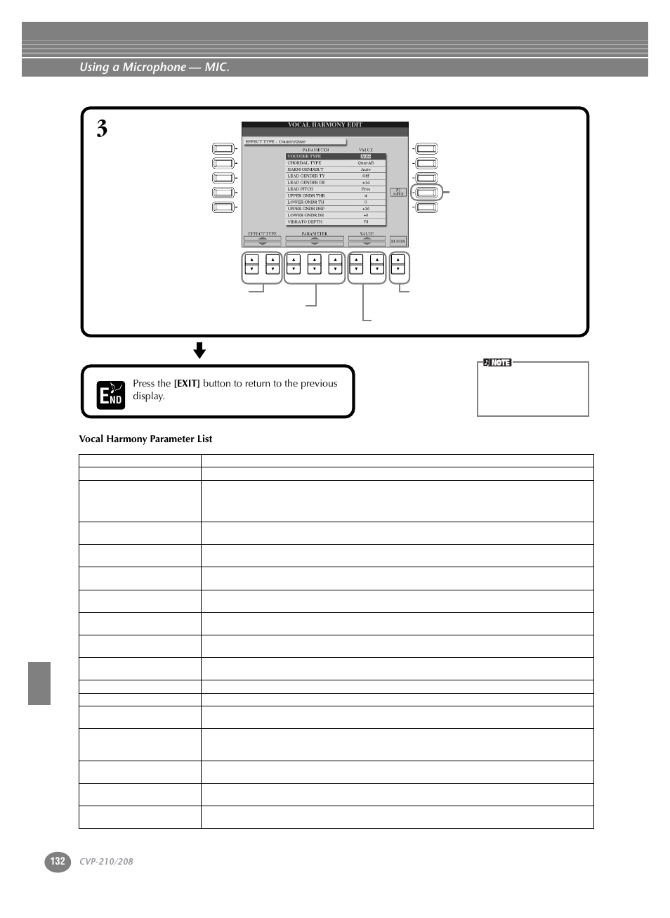Using a microphone — mic, 132 vocal harmony parameter list | Yamaha CVP-208  EN User Manual | Page 132 / 180