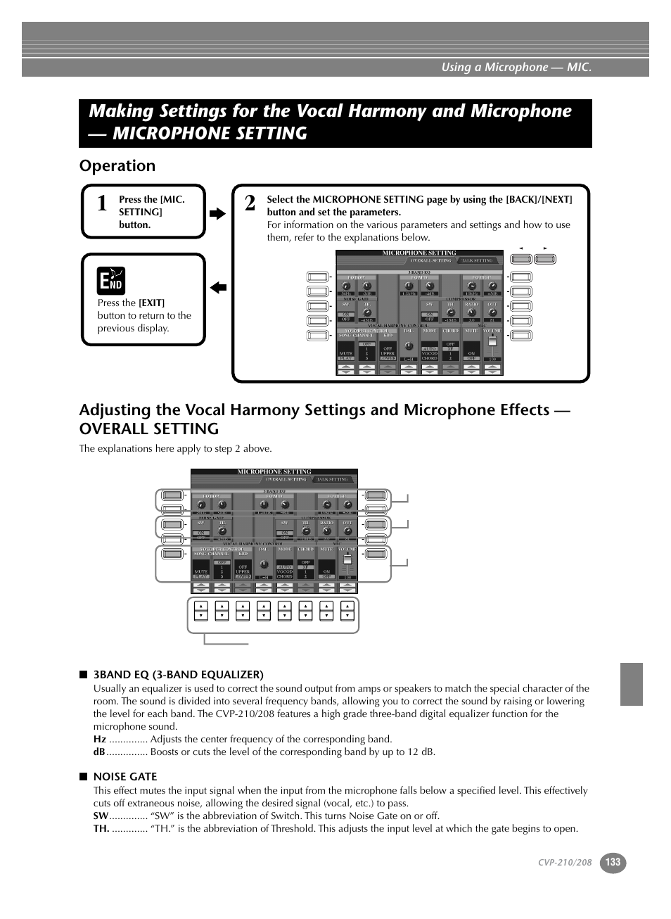 Operation, Effects — overall setting, Making settings for the vocal harmony and | Microphone — microphone setting, Using a microphone — mic, 3band eq (3-band equalizer), Noise gate, The explanations here apply to step 2 above, Press the [mic. setting] button | Yamaha CVP-208  EN User Manual | Page 133 / 180