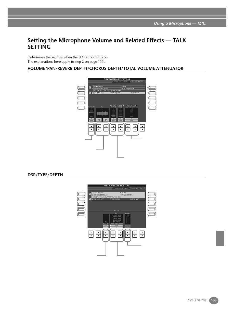 Setting the microphone volume and related effects, Talk setting, Using a microphone — mic | Yamaha CVP-208  EN User Manual | Page 135 / 180