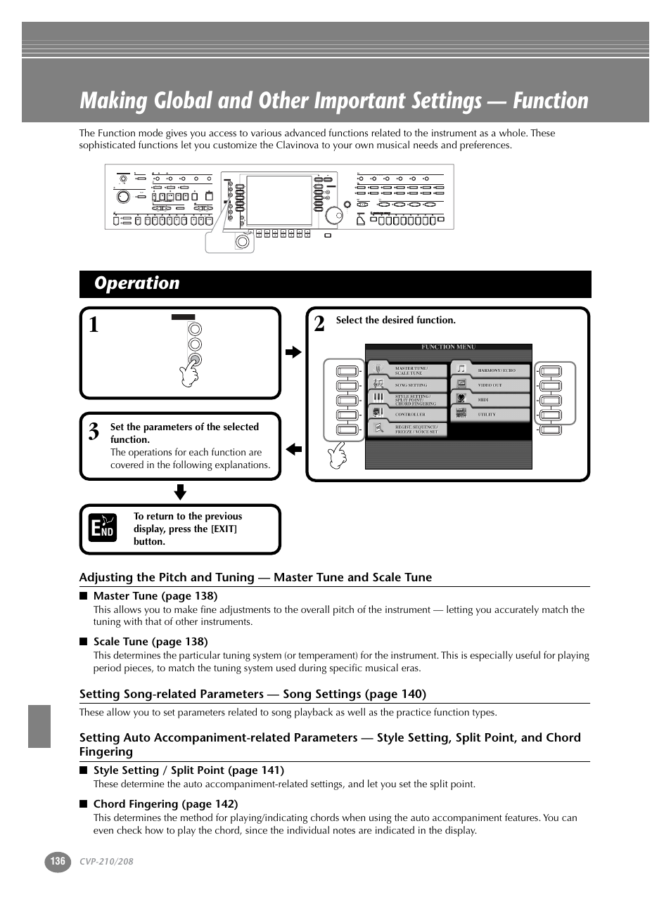 Operation, P. 136, Master t une (page 138) | Scale t une (page 138), Style setting / split point (page 141), Chord fingering (page 142) | Yamaha CVP-208  EN User Manual | Page 136 / 180
