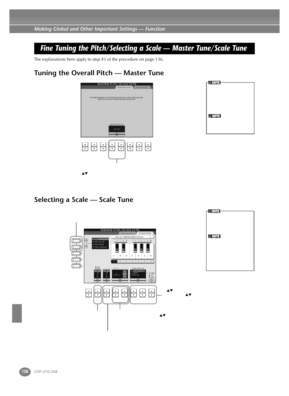 Tuning the overall pitch — master tune, Selecting a scale — scale tune, Fine tuning the pitch/selecting a scale | Master tune/scale tune | Yamaha CVP-208  EN User Manual | Page 138 / 180