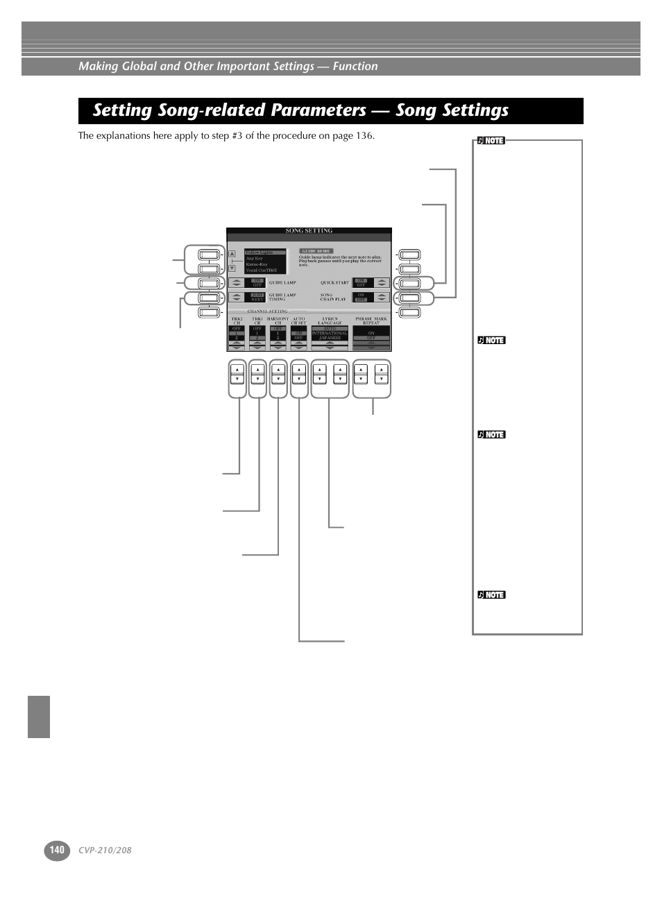 Setting song-related parameters — song settings, Setting song-related parameters, Song settings | Yamaha CVP-208  EN User Manual | Page 140 / 180