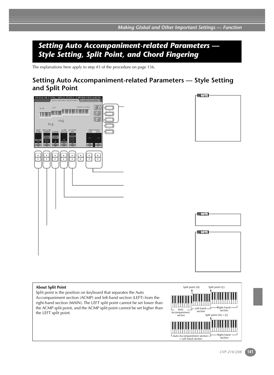 Setting auto accompaniment-related parameters, Style setting, split point, and chord fingering, Style setting and split point | Yamaha CVP-208  EN User Manual | Page 141 / 180