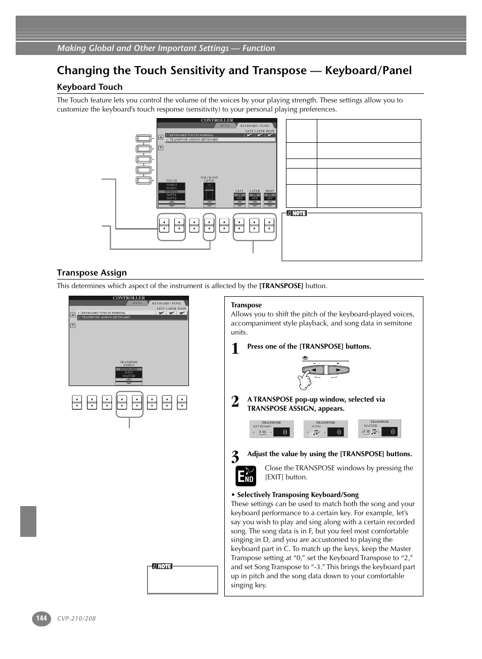 Changing the touch sensitivity and transpose, P. 144, Keyboard touch | Transpose assign | Yamaha CVP-208  EN User Manual | Page 144 / 180