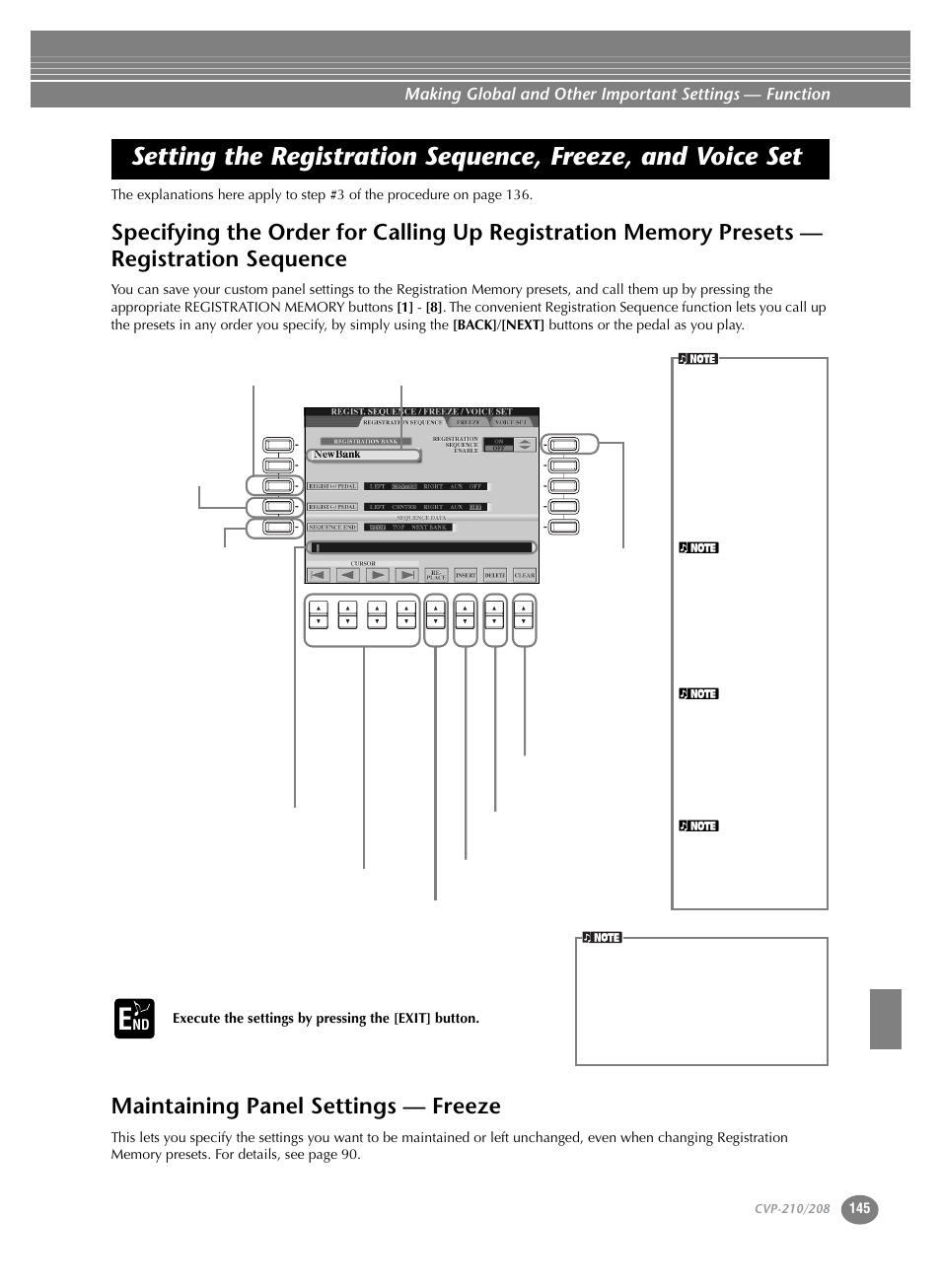 Maintaining panel settings — freeze, Setting the registration sequence, freeze, and, Voice set | Specifying the order for calling up registration, Memory presets — registration sequence, Execute the settings by pressing the [exit] button | Yamaha CVP-208  EN User Manual | Page 145 / 180
