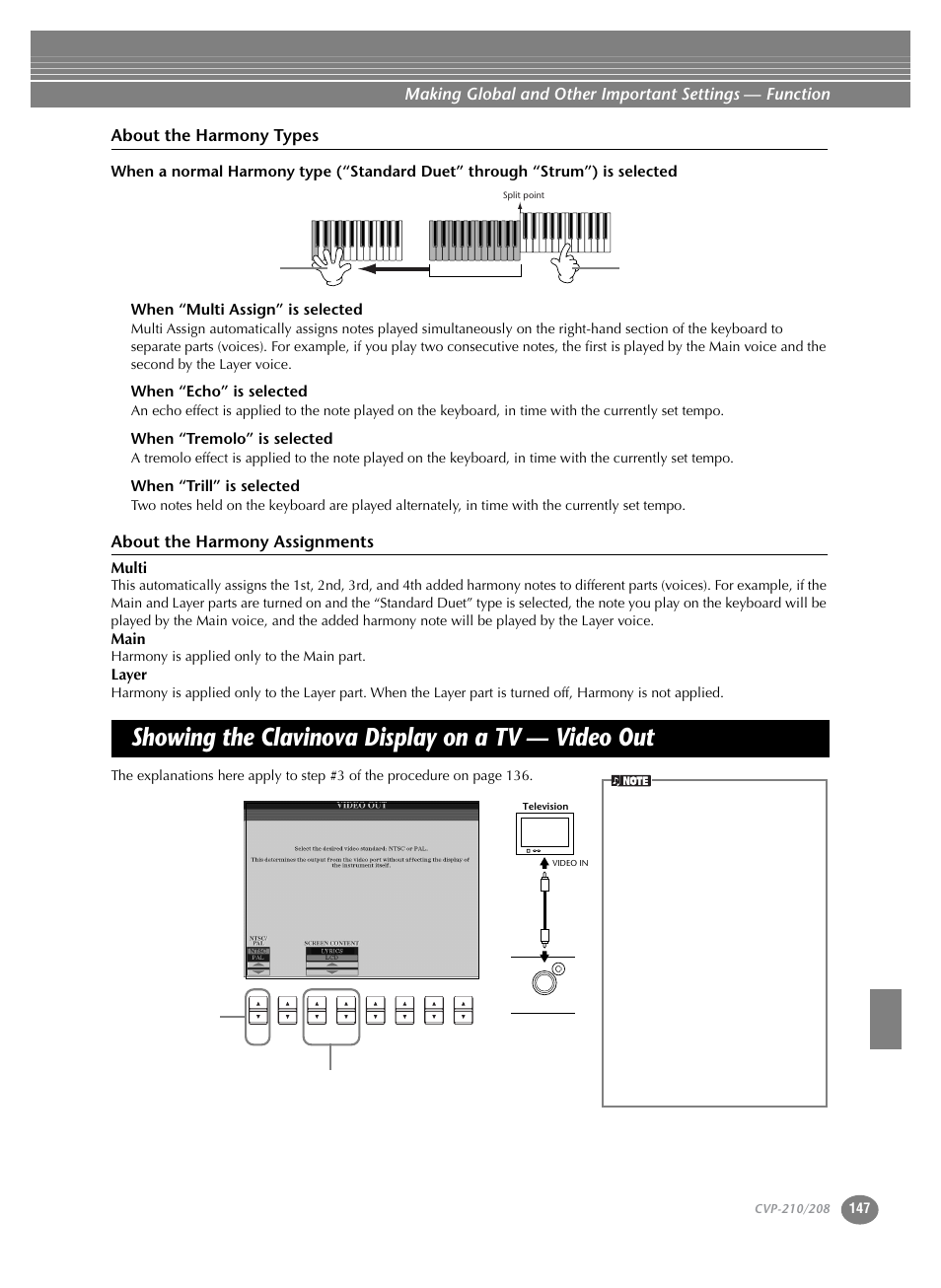 Showing the clavinova display on a tv — video out, Showing the clavinova display on a tv, Video out | About the harmony types, About the harmony assignments | Yamaha CVP-208  EN User Manual | Page 147 / 180