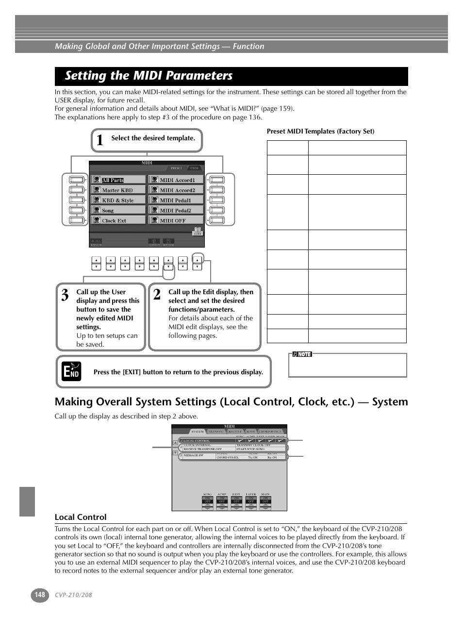 Setting the midi parameters, Etc.) — system, Local control | Yamaha CVP-208  EN User Manual | Page 148 / 180