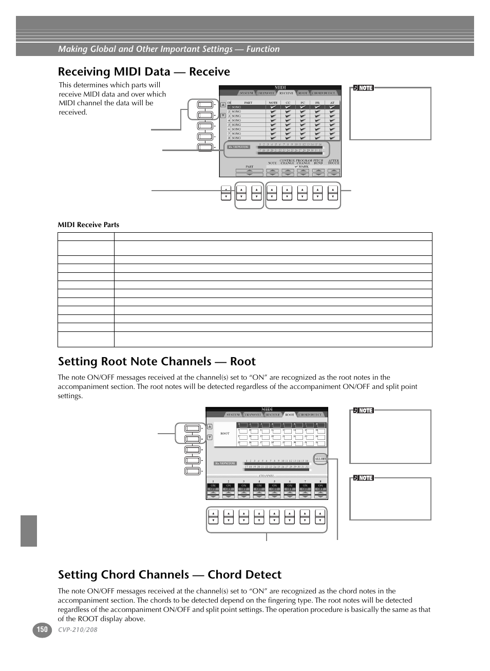 Receiving midi data — receive, Setting root note channels — root, Setting chord channels — chord detect | Midi receive parts | Yamaha CVP-208  EN User Manual | Page 150 / 180