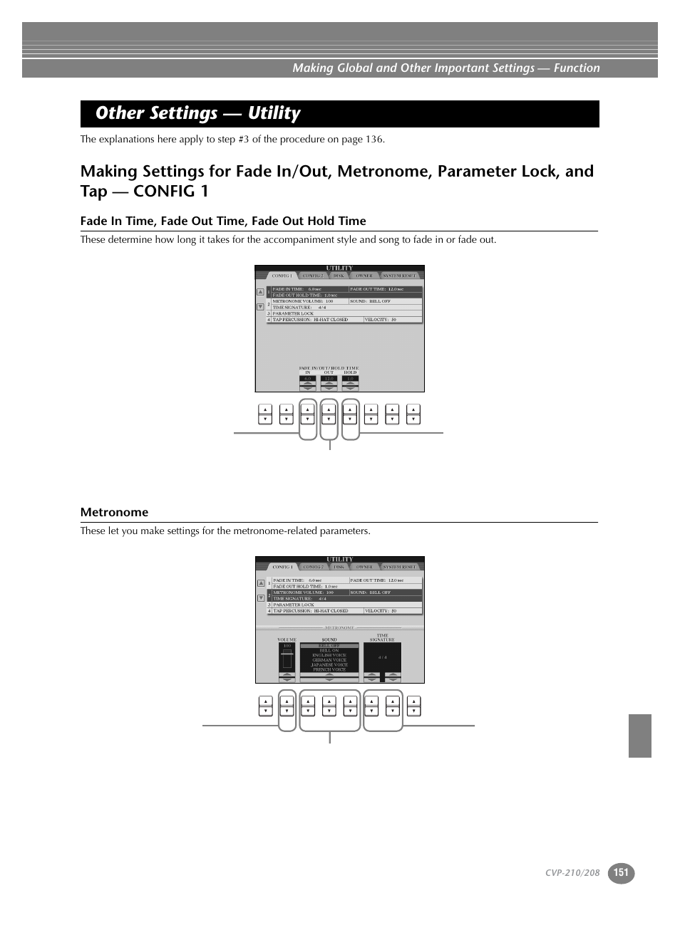 Other settings — utility, Making settings for fade in/out, metronome, Parameter lock, and tap — config 1 | Fade in time, fade out time, fade out hold time, Metronome | Yamaha CVP-208  EN User Manual | Page 151 / 180