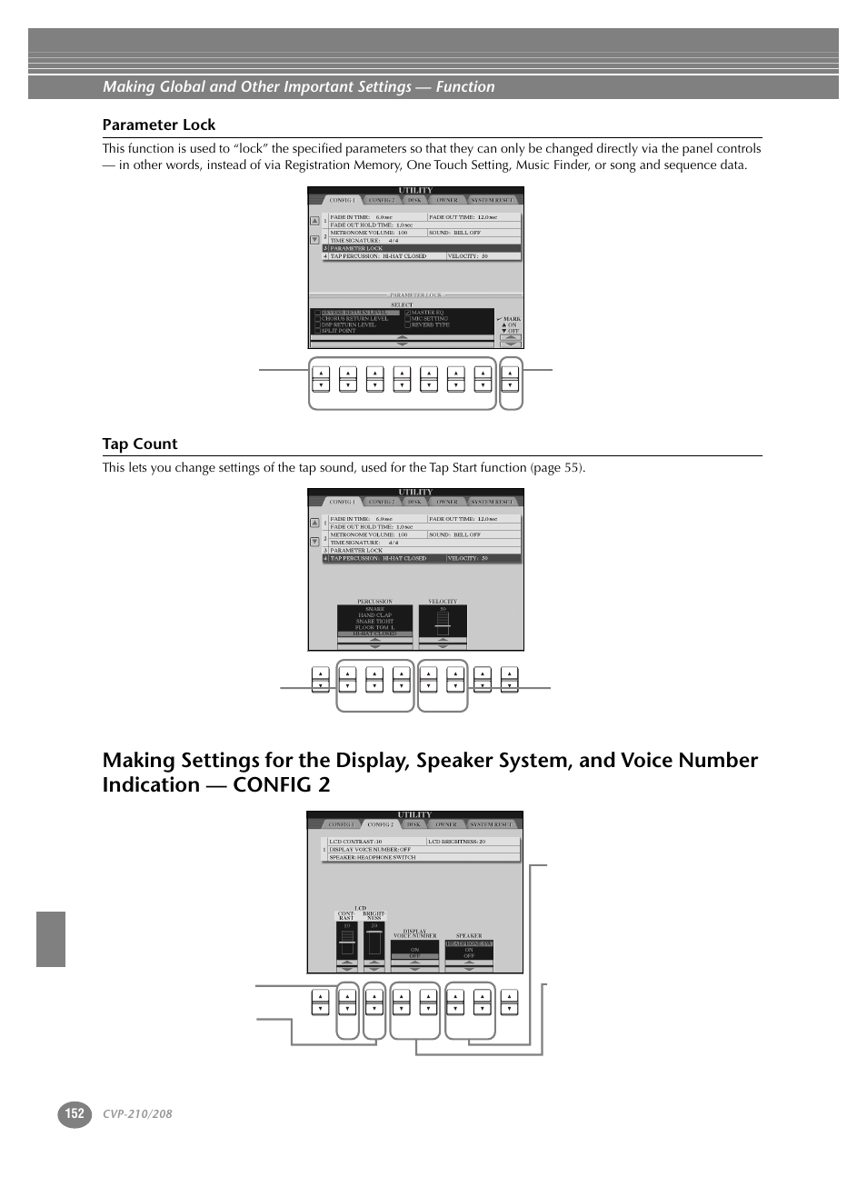 Voice number indication — config 2, Parameter lock, Tap count | Yamaha CVP-208  EN User Manual | Page 152 / 180