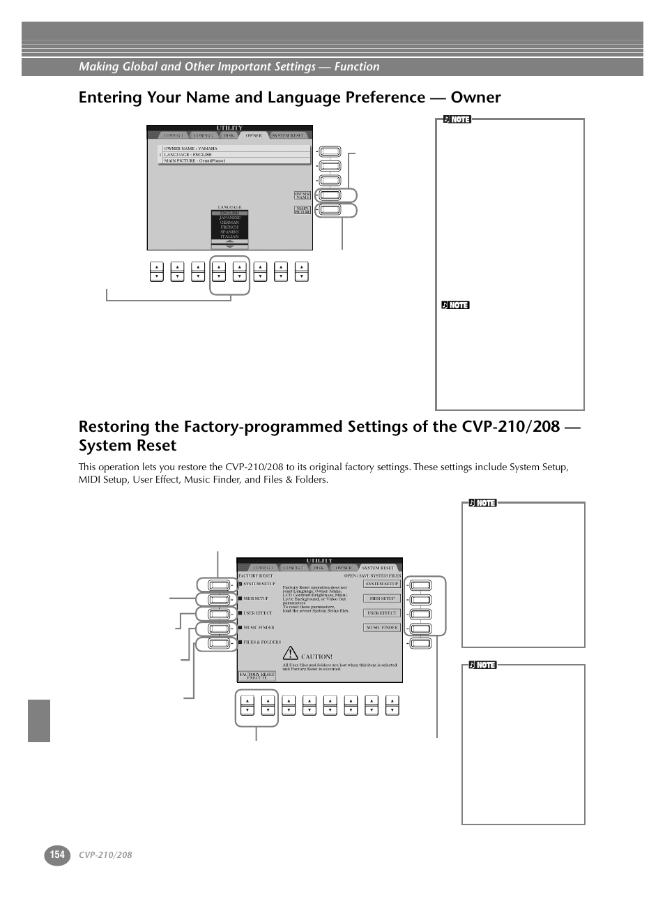Entering your name and language preference — owner, Entering your name and language preference, Owner | Restoring the factory-programmed settings of the, Cvp-210/208 — system reset | Yamaha CVP-208  EN User Manual | Page 154 / 180